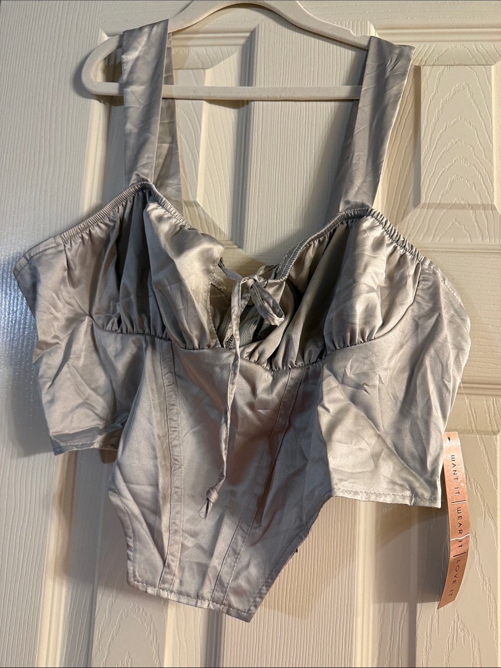 Almost Famous Silver Satin Lace-Up Bustier Crop Top
